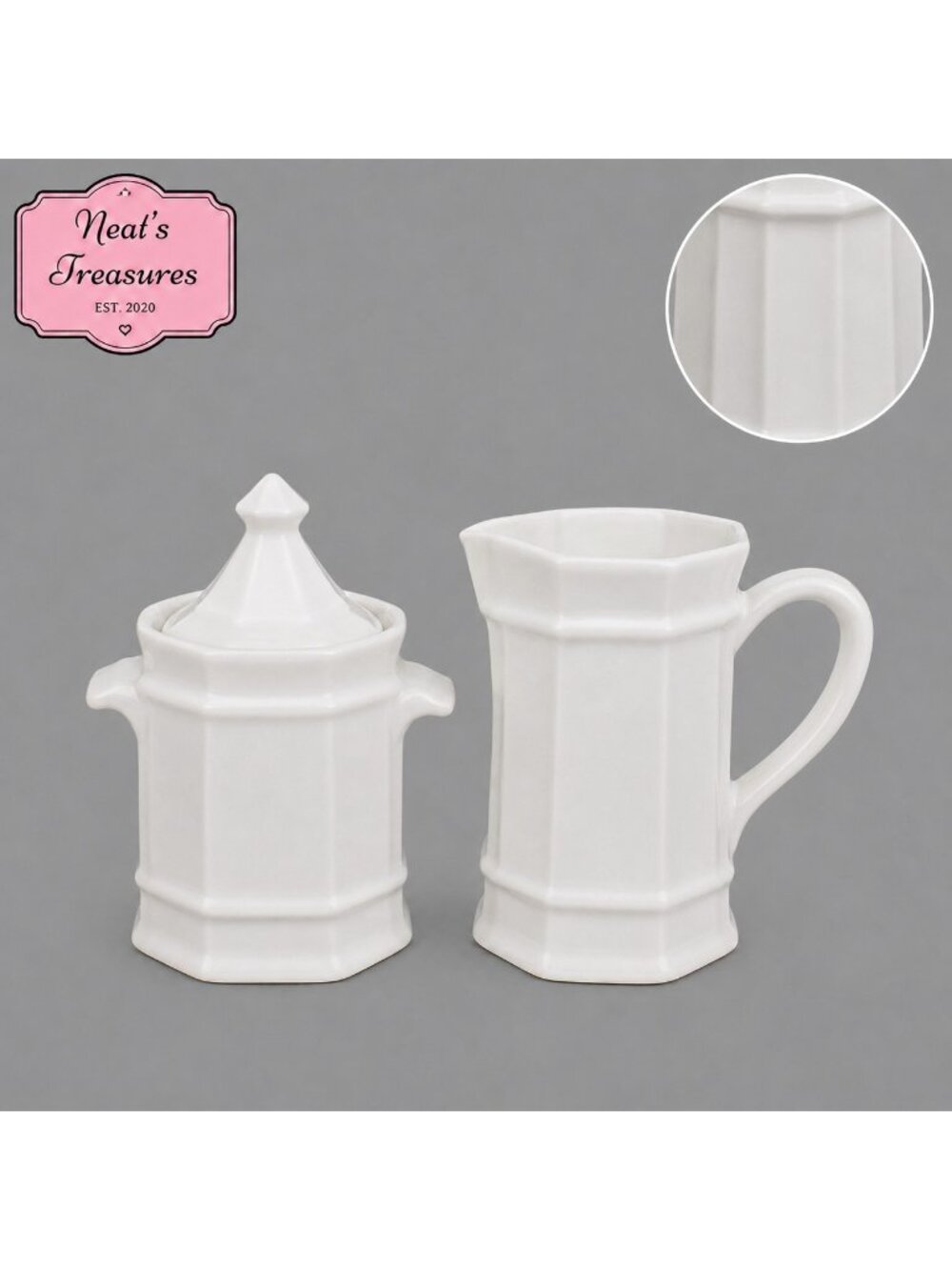 Pfaltzgraff HERITAGE White Multisided Stoneware Lidded Sugar Bowl & Creamer Set